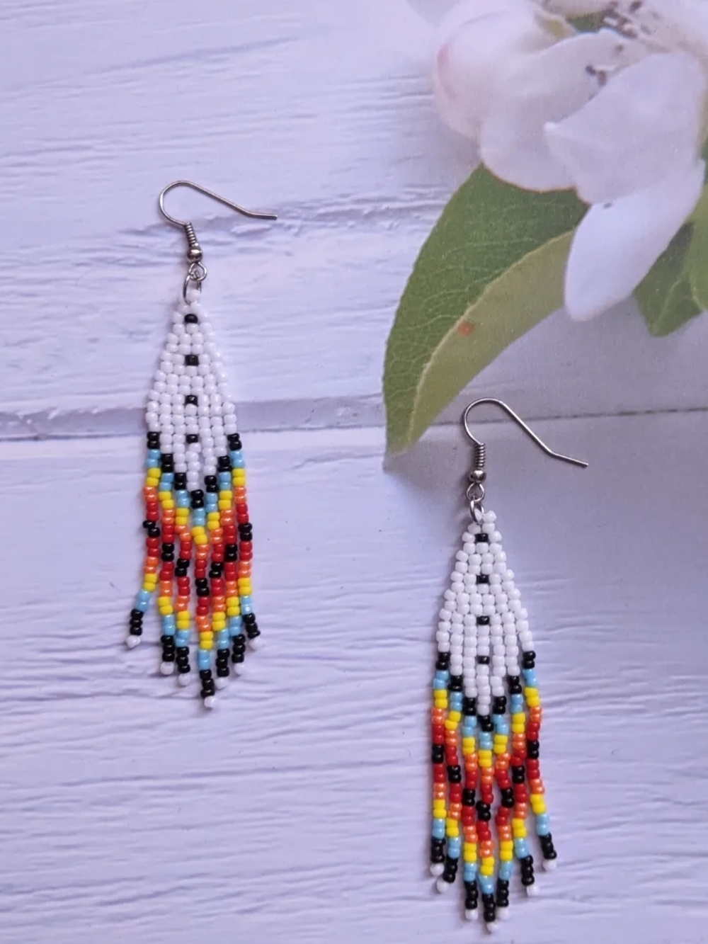 Handcrafted White Seed Bead Fringe Earrings with Multicolor Accents